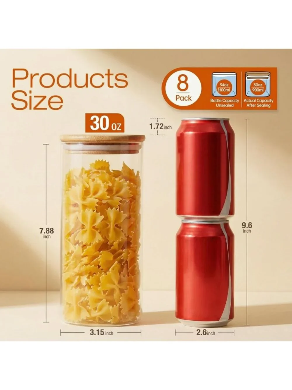 Airtight Glass Storage Jars with Bamboo Lids - Set of 8 Canisters for Kitchen